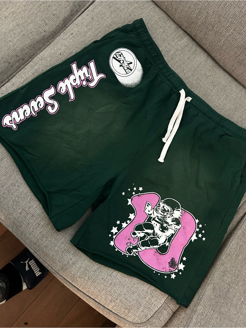 Men’s triple 7  Dark Green Graphic Drawstring Shorts with Pink Accent